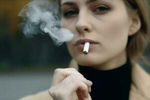 närbild skott av kvinna rökning cigarett. generera ai foto