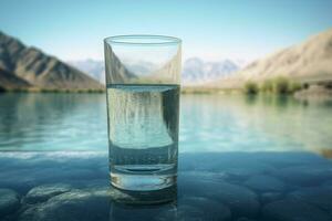 glas av ren vatten på klar sjö bakgrund. generera ai foto
