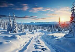 ai genererad snö bakgrund och träd vinter- med kopia Plats scen bakgrund foto