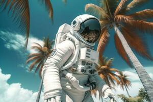 astronaut i Plats kostym sommar handflatan träd. generera ai foto