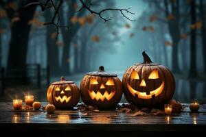 ett skrämmande halloween pumpa domkraft o'lantern där var ondska ansikten och ögon på de trä- bänk. tabell med dimmig bakgrund med Plats för Produkter förbi generativ ai. foto
