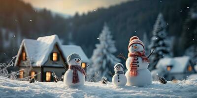en söt leende snögubbe i de största av de snö med en bakgrund. bokeh en jul träd och hus de berg. dess en suddig bakgrund. generativ ai foto