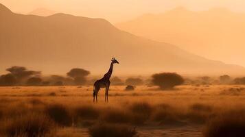 en giraff stående i de mitten av savann afrika. ai genererad foto