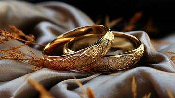 skön par bröllop ringar presentation symbolisera de evighet obligation av kärlek och engagemang. Smycken guld diamant ringa för bröllop årsdag, alla hjärtans dag, eller engagemang. ai genererad foto