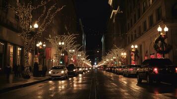 en stad full av lampor på de jul eller ny år på natt. vinter- säsong. ai genererad. foto