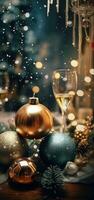 glad jul och Lycklig ny år hälsning, inbjudan kort begrepp för mall, affisch, Semester design med skön vin champagne och glitter säsong- prydnad vinter- säsong. ai genererad. foto