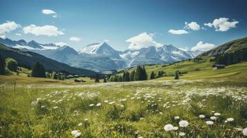 idyllisk berg landskap i de alps med blomning ängar i våren, morgon- ljus, kopia Plats, generativ ai foto