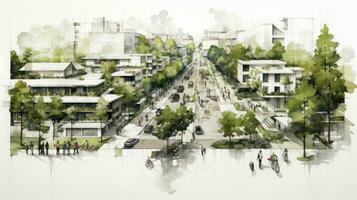 hand teckning av urban planera skiss highlighting hållbar element tycka om grön utrymmen, offentlig transport, och fotgängare zoner, papper textur vit bakgrund, generativ ai foto