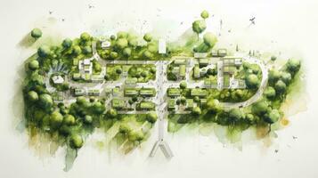 hand teckning av urban planera skiss highlighting hållbar element tycka om grön utrymmen, offentlig transport, och fotgängare zoner, papper textur vit bakgrund, generativ ai foto