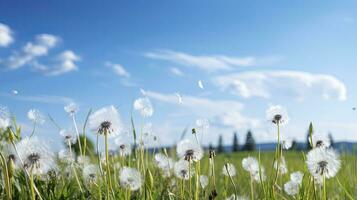 fält med maskrosor och blå himmel, generativ ai foto