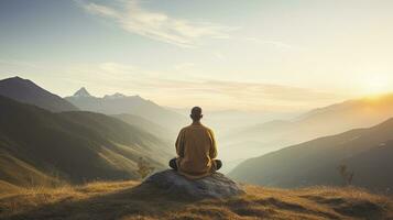 meditation på berg landskap på solnedgång, generativ ai foto