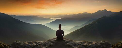 meditation på berg landskap på solnedgång, generativ ai foto