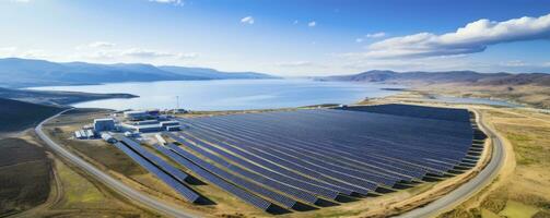 miljömässigt av solceller kraft växt och vind turbin bruka belägen förbi deponi.sol paneler bruka byggd på en avfall dumpa och vind turbin odla. förnybar energi källa, generativ ai foto