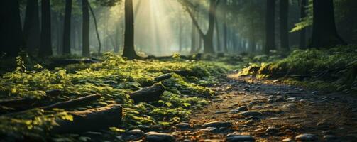 grön skog träd med Sol stråle bakgrund, generativ ai foto