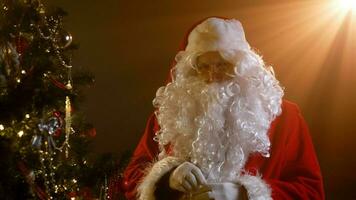 santa claus hänger en ny år leksak på de jul träd. en man klädd som santa claus utseende akter. santa är på kamera och utseende strängt. santa claus och jul träd foto