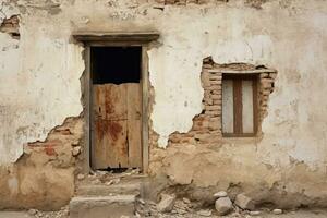 förfallen byggnad vägg och trä- dörr. Fasad av en hus med skadad plåster. generativ ai foto