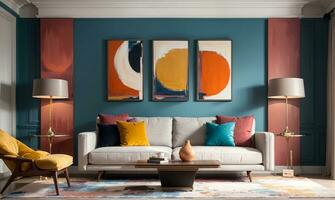 blå accent vägg med tre färgrik målningar, mysigt levande rum, modern konst ai genererad foto