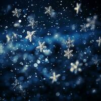 jul och ny år festlig bakgrund. snöflingor och bokeh ljus på Marin blå bakgrund med kopia Plats för text. de begrepp av jul och ny år högtider foto