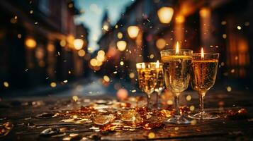 champagne glasögon och levande ljus under ny år firande generativ ai foto