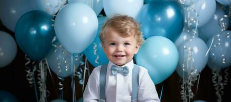baner Lycklig litet barn leende glatt på hans födelsedag fest, omgiven förbi blå ballonger och festlig dekorationer. perfekt för festlig, födelsedag, eller glad barndom koncept.. ai generativ foto