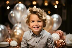 leende ung pojke med lockigt hår njuter hans födelsedag fest, omgiven förbi metallisk ballonger och lysande bakgrund lampor, glad festlig atmosfär. ai generativ foto