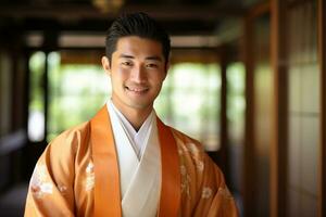 japansk man bär en hakama och leende bokeh stil bakgrund foto