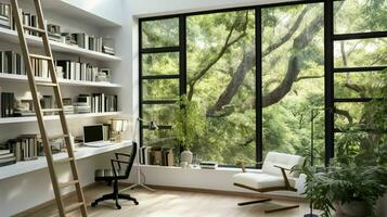 ai genererad en minimal Hem kontor med se från fönster, väggmonterad skrivbord, modern stol och en bokhylla foto