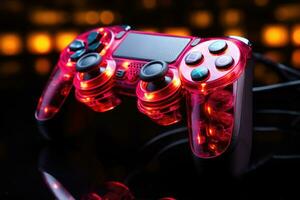 video spel kontrollant på en svart bakgrund med neon lampor. stänga upp foto