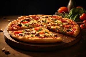 pizza med kött och grönsaker på en trä- tabell. topp se foto