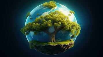 eco begrepp med grön planet och träd, värld ozon dag foto