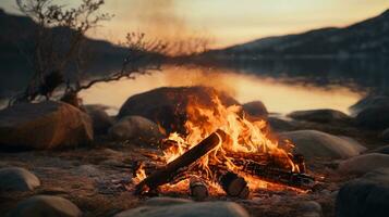 ai genererad generativ ai, brinnande bål, skön vinter- landskap, camping utomhus- begrepp i neutral dämpad färger, turist läger foto