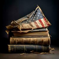stänga upp se av böcker på amerikan flagga, ai generativ foto