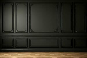 modern klassisk svart tömma interiör med vägg paneler och trä- golv. 3d framställa illustration falsk upp. generativ ai. foto