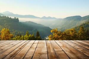 trä- tabell terrass med morgon- färsk atmosfär natur landskap. generativ ai. foto