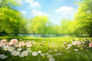 skön suddig vår bakgrund natur med blomning glänta, träd och blå himmel på en solig dag. generativ ai. foto