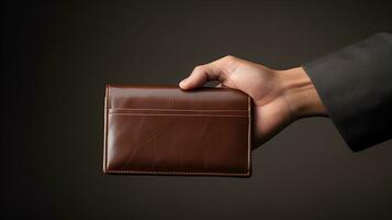 ai genererad herr- hand innehav läder plånbok. skapas med generativ ai foto
