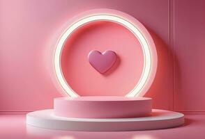 rosa avrundad piedestal skede ljus upplyst med hjärta formad dekorationer bakgrund för produkt placering foto