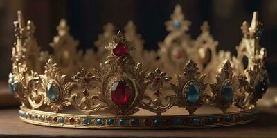 en realistisk krona sitter på topp av en trä- tabell ai genererad foto