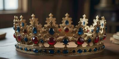 en realistisk krona sitter på topp av en trä- tabell ai genererad foto