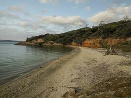 trångare röd strand i porquerolles ö Frankrike panorama landskap foto