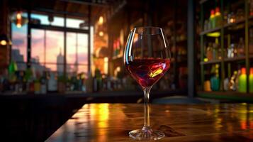 ai generativ glas av röd vin på de bar disken. suddig bakgrund. foto