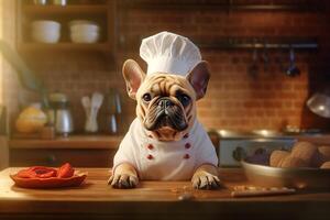 ai generativ franska bulldogg i en kock kostym, visa upp kulinariska humör i de kök miljö. kopia Plats perfekt för matrelaterad projekt och underhållningstema mönster, ai generativ foto