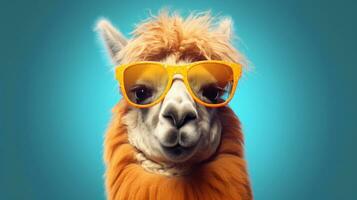ai generativ rolig alpacka bär solglasögon och ser på kamera på blå bakgrund foto