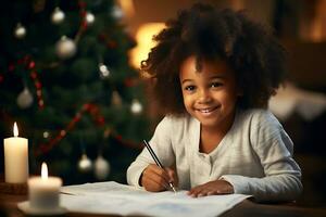 ai generativ. Lycklig afrikansk amerikan barn flicka skrivning en brev till santa claus. foto