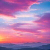 ai genererad ytterst spektakulär solnedgång med färgrik moln belyst förbi de Sol. ljus episk himmel. mörk violett moln med orange Sol ljus och rosa ljus i underbar skymning himmel. foto