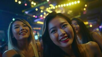 asiatisk flickor har roligt tillsammans i en klubb. generativ ai foto