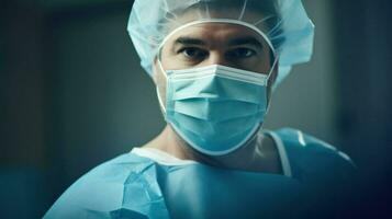 läkare bär en skyddande mask förbereder för kirurgi. generativ ai foto