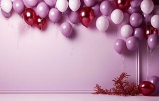 vit ram med rosa ballonger och konfetti på rosa bakgrund. bebis dusch firande ai genererad foto