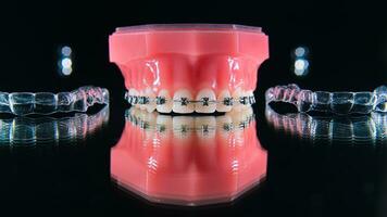 tänder tandställning och transparent inriktare på en svart bakgrund. foto