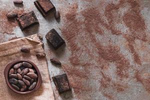 spritt kakaopulver med chokladbitar och kakaobönor foto